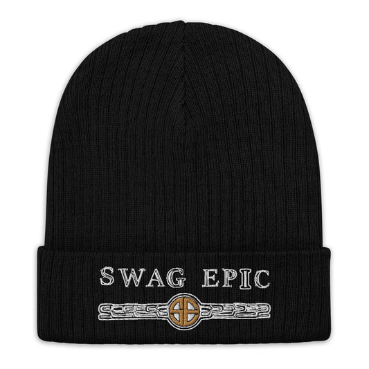 "SWAG SCRATCHED UP" BLACK RIBBED KNIT BEANIE