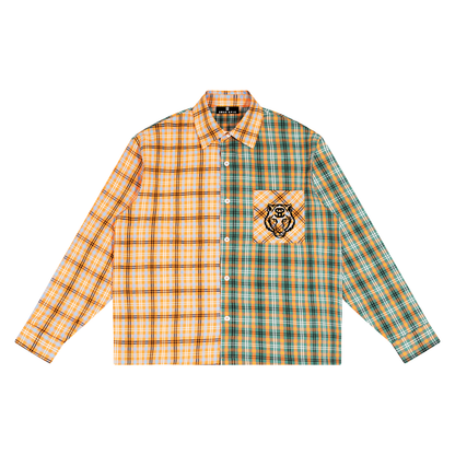 Unisex Oversized Plaid Color Block Shirt - "Tiger Face"