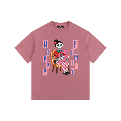 Vintage Washed Oversized Cotton T-Shirt – "Happy Family"