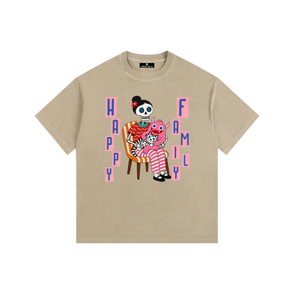 Vintage Washed Oversized Cotton T-Shirt – "Happy Family"