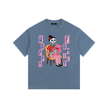 Vintage Washed Oversized Cotton T-Shirt – "Happy Family"