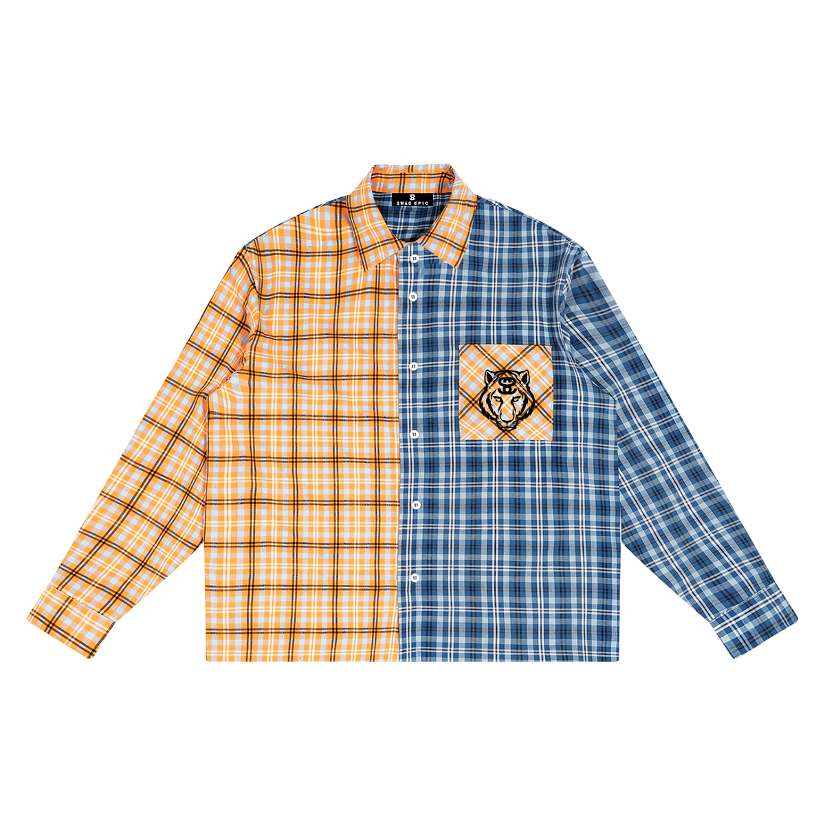 Unisex Oversized Plaid Color Block Shirt - "Tiger Face"