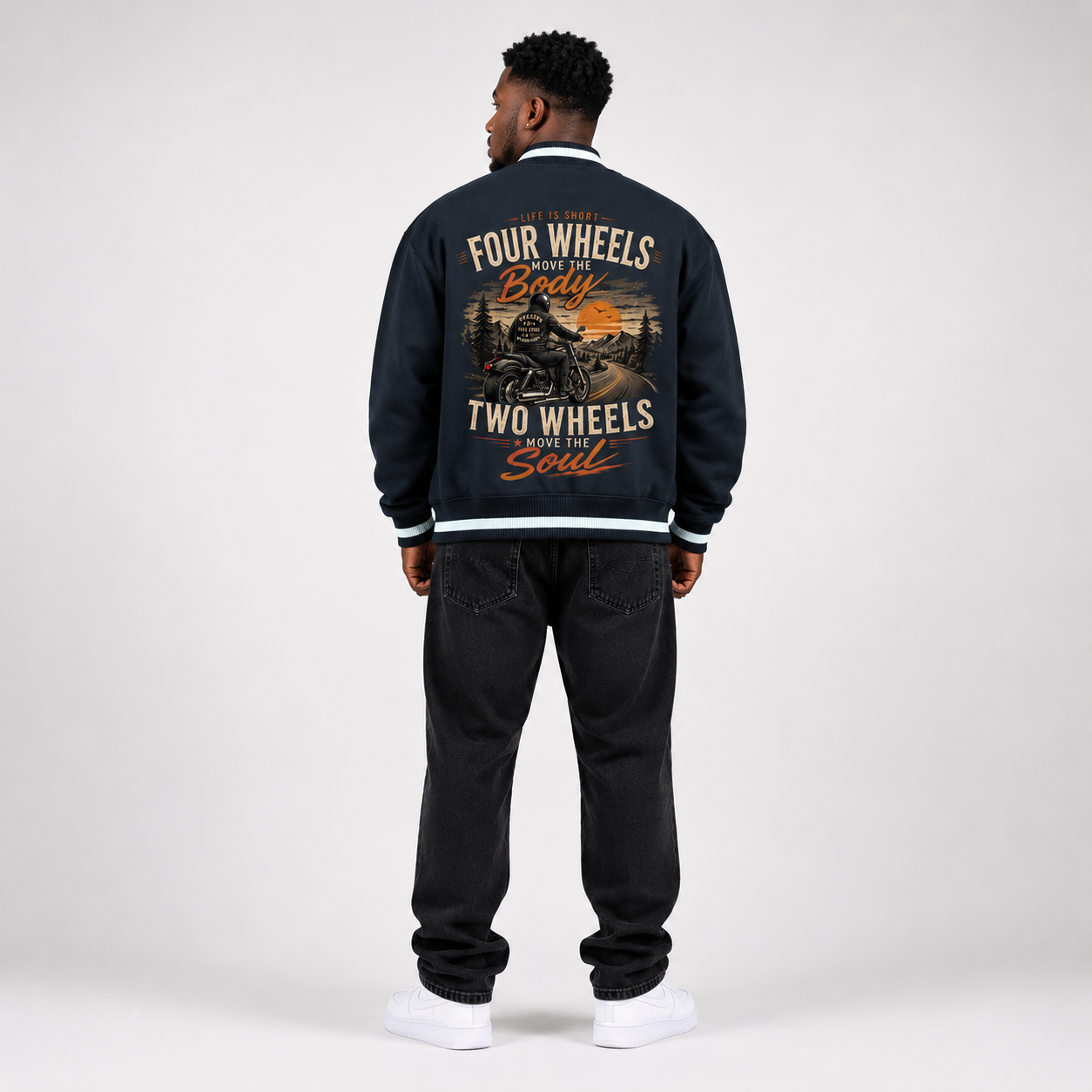Contrast Piping Zip Bomber Jacket - "Four Wheels"