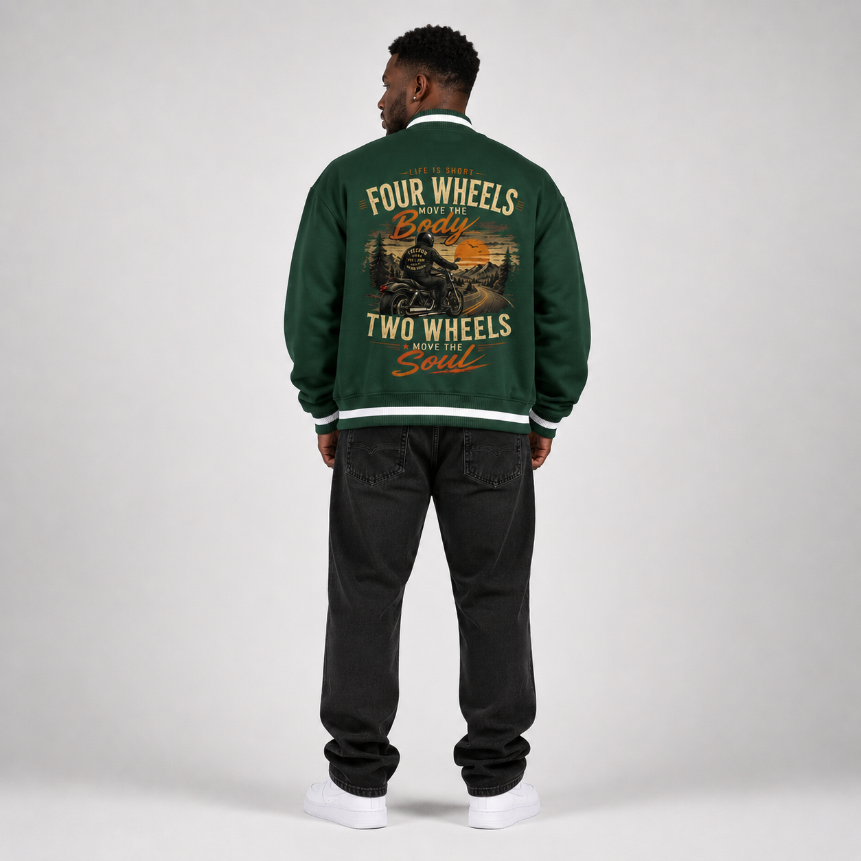 Contrast Piping Zip Bomber Jacket - "Four Wheels"
