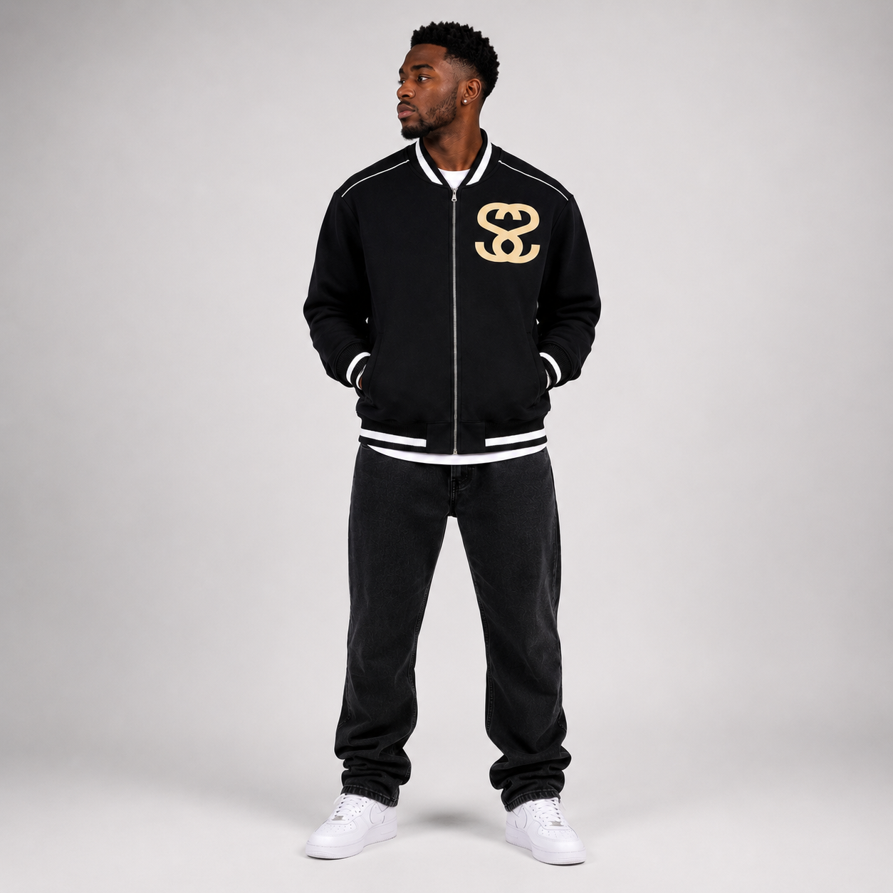 Contrast Piping Zip Bomber Jacket - "Four Wheels"