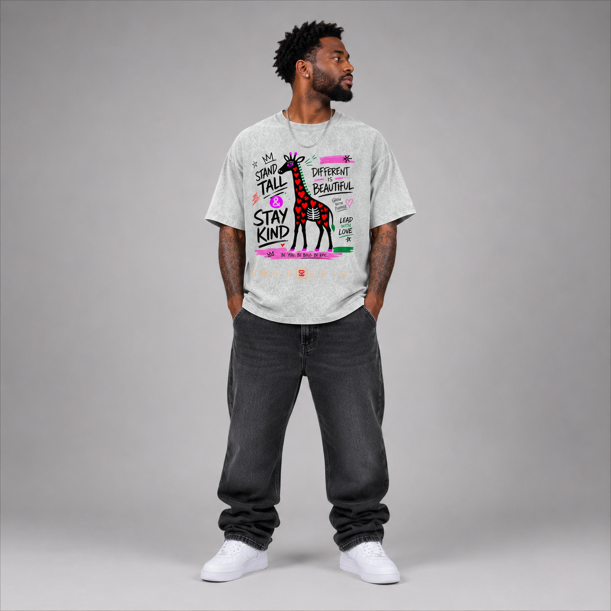 Snow Washed Oversized Cotton T-Shirt – "Stand Tall and Dream Big"