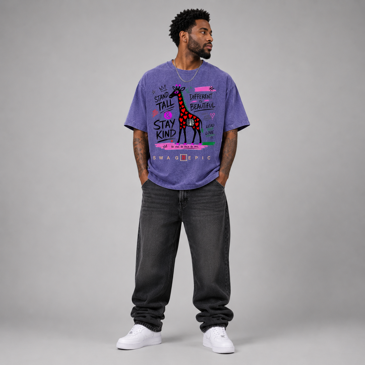 Snow Washed Oversized Cotton T-Shirt – "Stand Tall and Dream Big"
