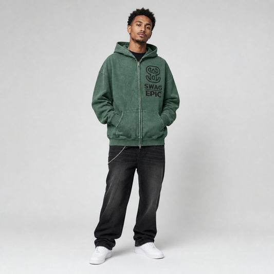 Snow Washed Zip-Through Fleece Hoodie — “Accent Swag”