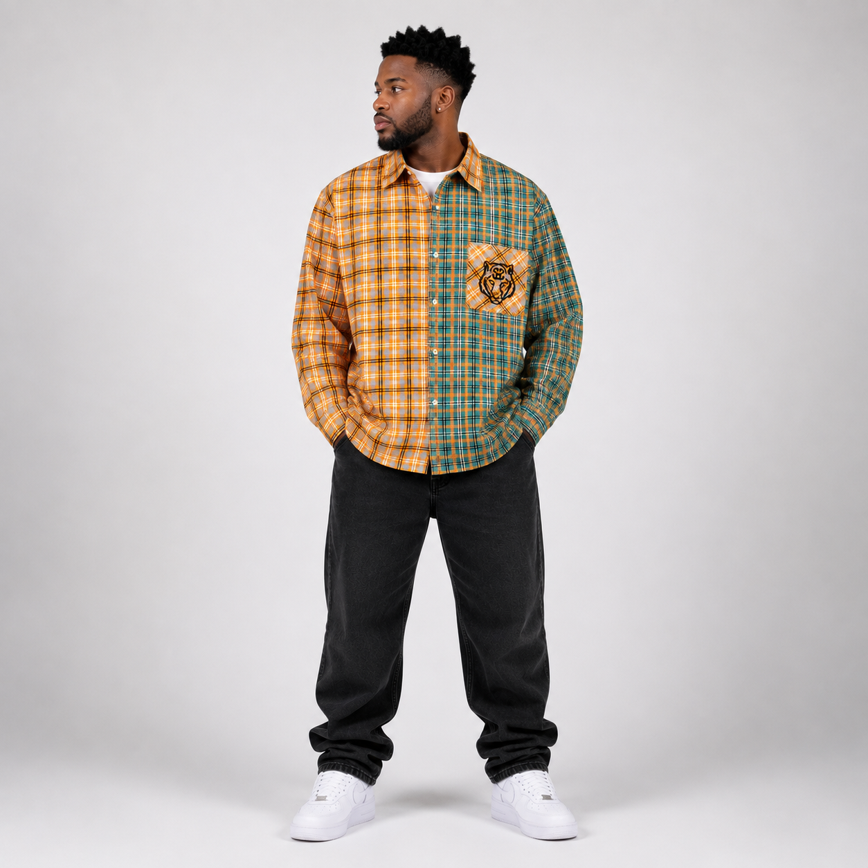 Unisex Oversized Plaid Color Block Shirt - "Tiger Face"
