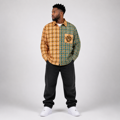 Unisex Oversized Plaid Color Block Shirt - "Tiger Face"