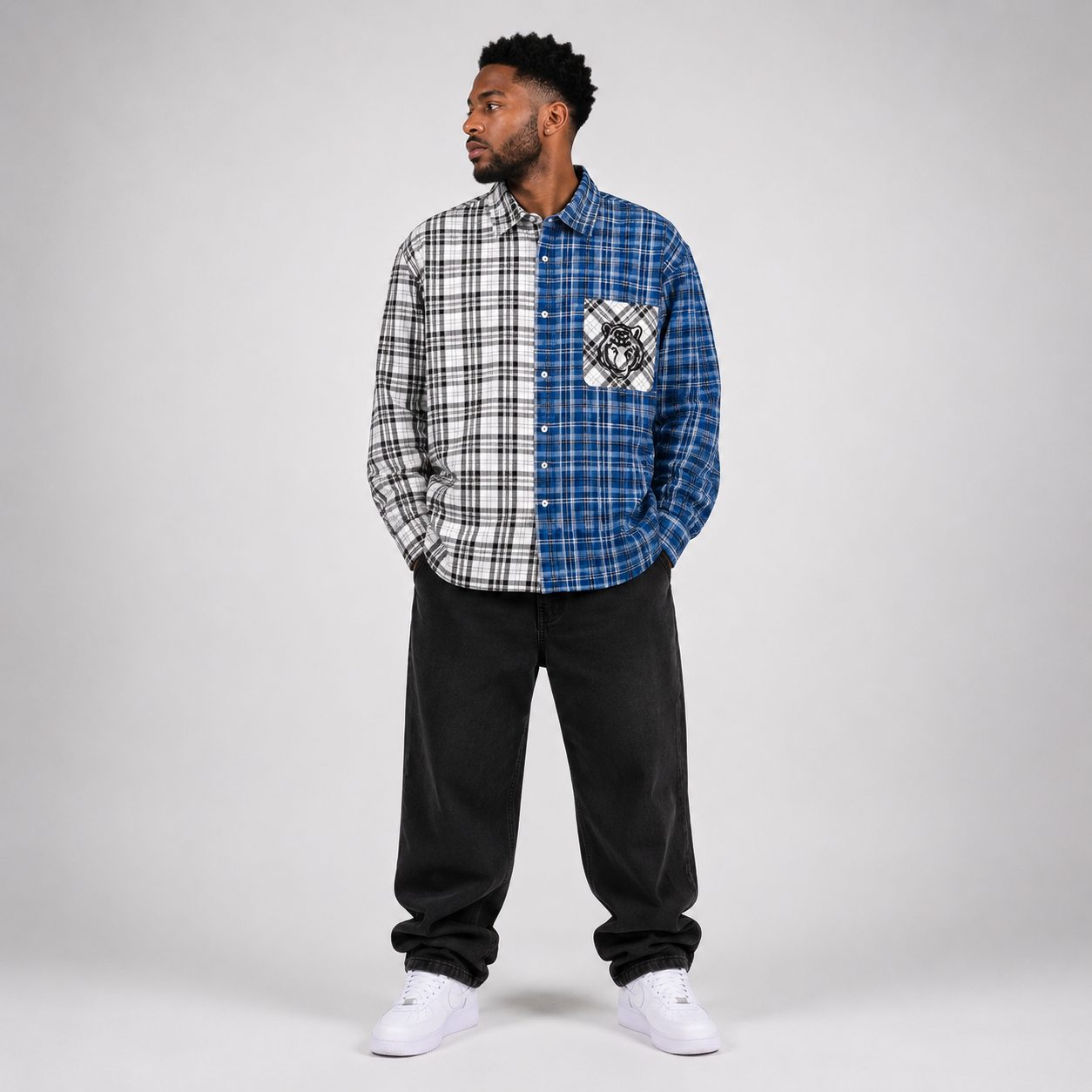 Unisex Oversized Plaid Color Block Shirt - "Tiger Face"
