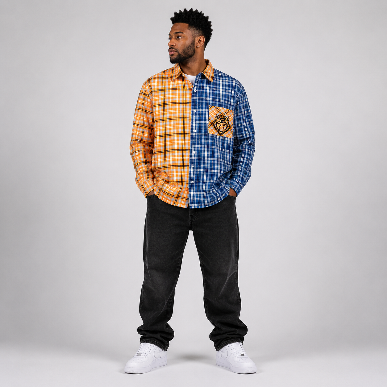 Unisex Oversized Plaid Color Block Shirt - "Tiger Face"