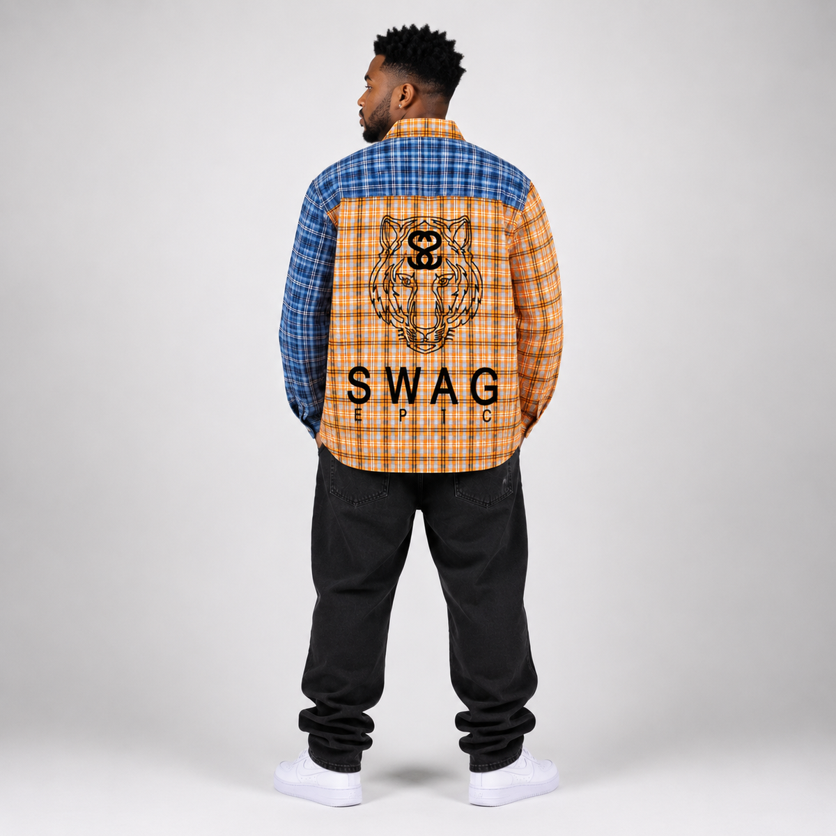 Unisex Oversized Plaid Color Block Shirt - "Tiger Face"