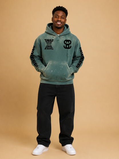 Deluxe Vintage Washed Frayed Fleece "Swag Epic" Hoodie