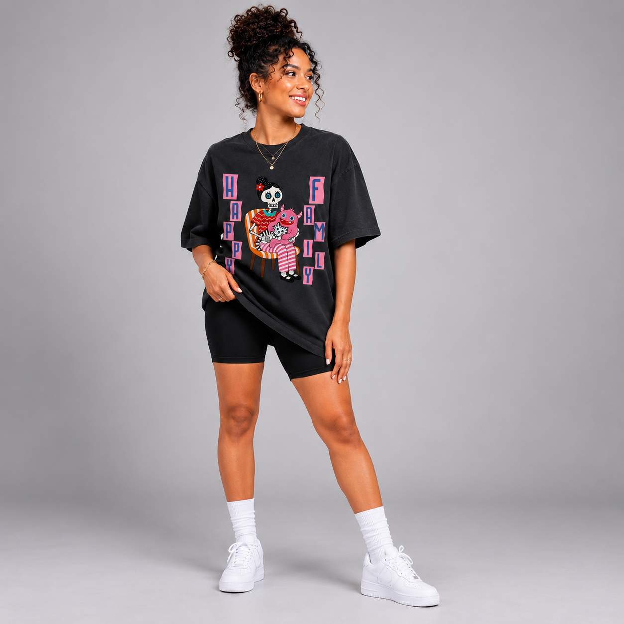 Vintage Washed Oversized Cotton T-Shirt – "Happy Family"