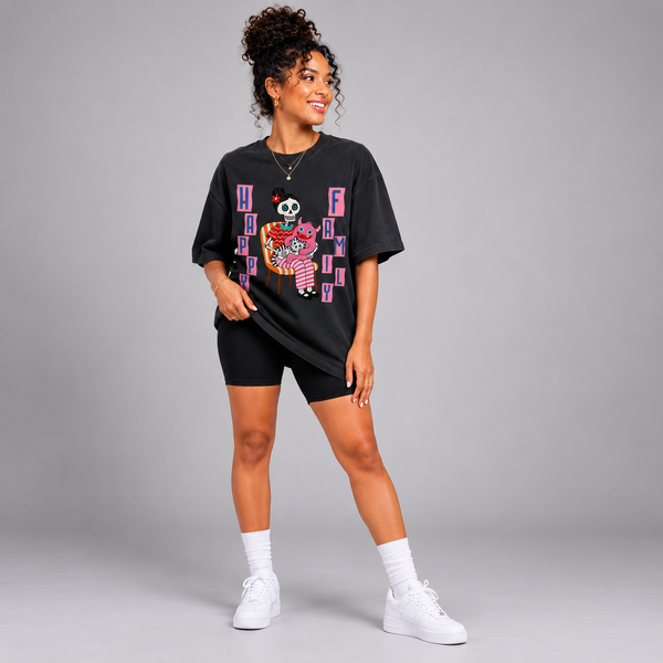 Vintage Washed Oversized Cotton T-Shirt – "Happy Family"