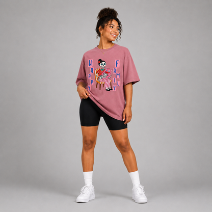 Vintage Washed Oversized Cotton T-Shirt – "Happy Family"
