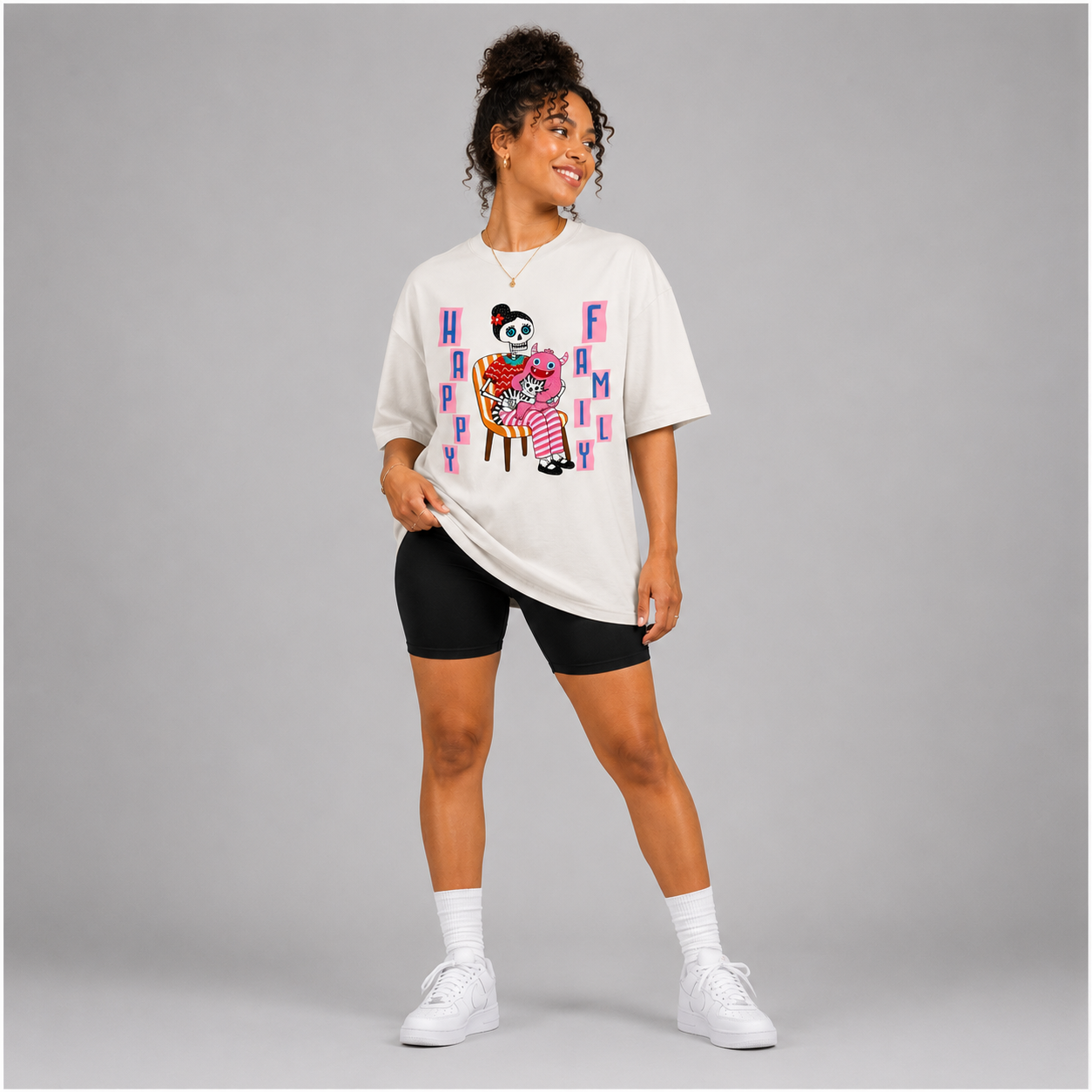 Vintage Washed Oversized Cotton T-Shirt – "Happy Family"