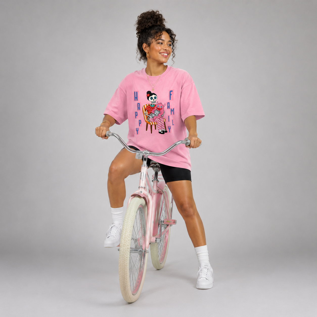 Vintage Washed Oversized Cotton T-Shirt – "Happy Family"