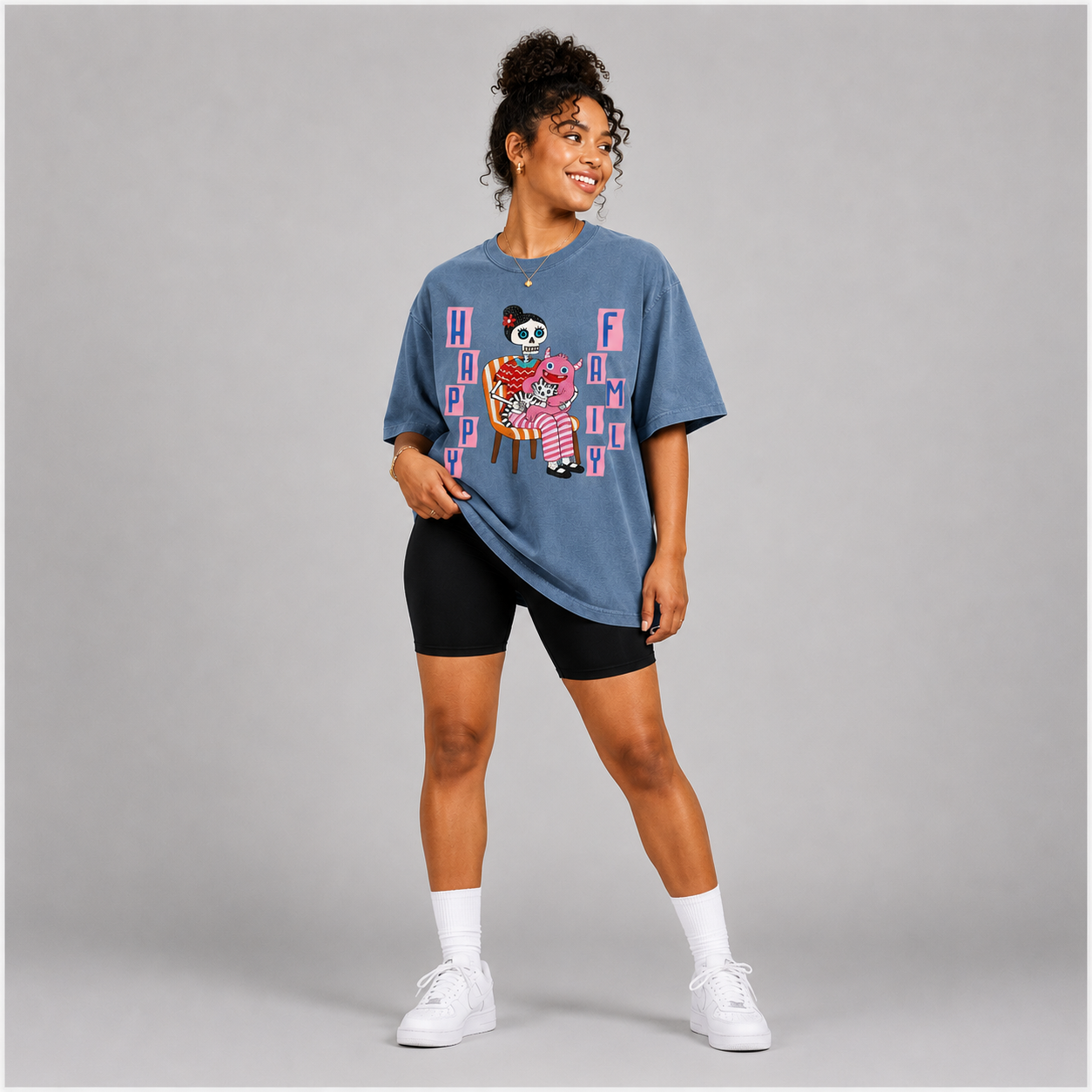 Vintage Washed Oversized Cotton T-Shirt – "Happy Family"