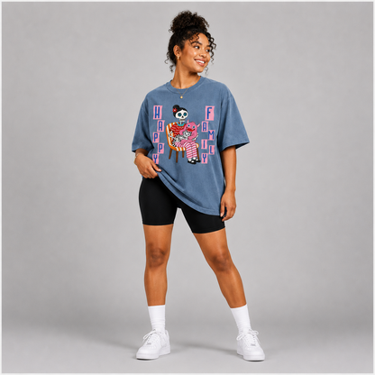 Vintage Washed Oversized Cotton T-Shirt – "Happy Family"