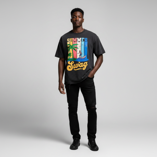 Snow Washed Raw-Hem "Swag Epic" T-Shirt