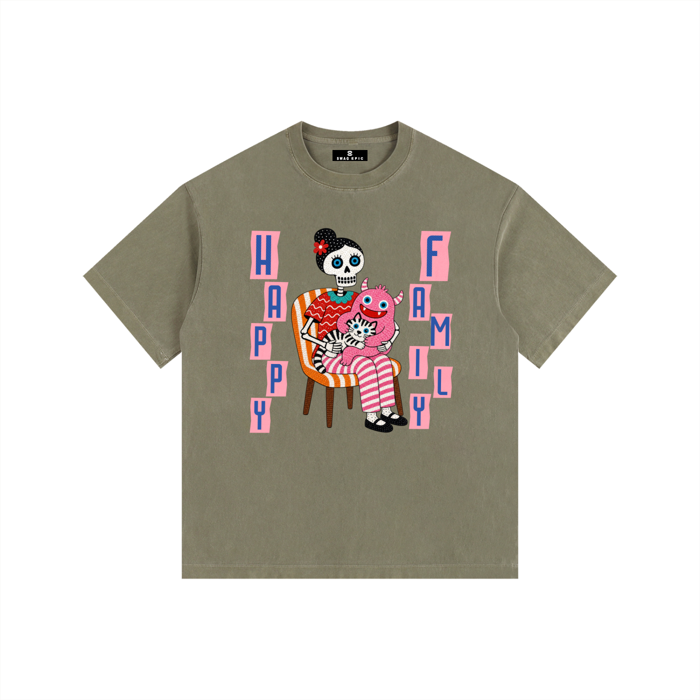 Vintage Washed Oversized Cotton T-Shirt – "Happy Family"