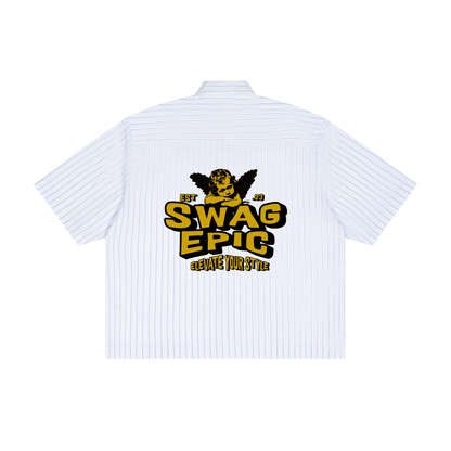 Unisex Striped "Swag Epic" Boxy Button-Up Shirt