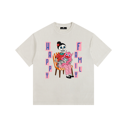 Vintage Washed Oversized Cotton T-Shirt – "Happy Family"