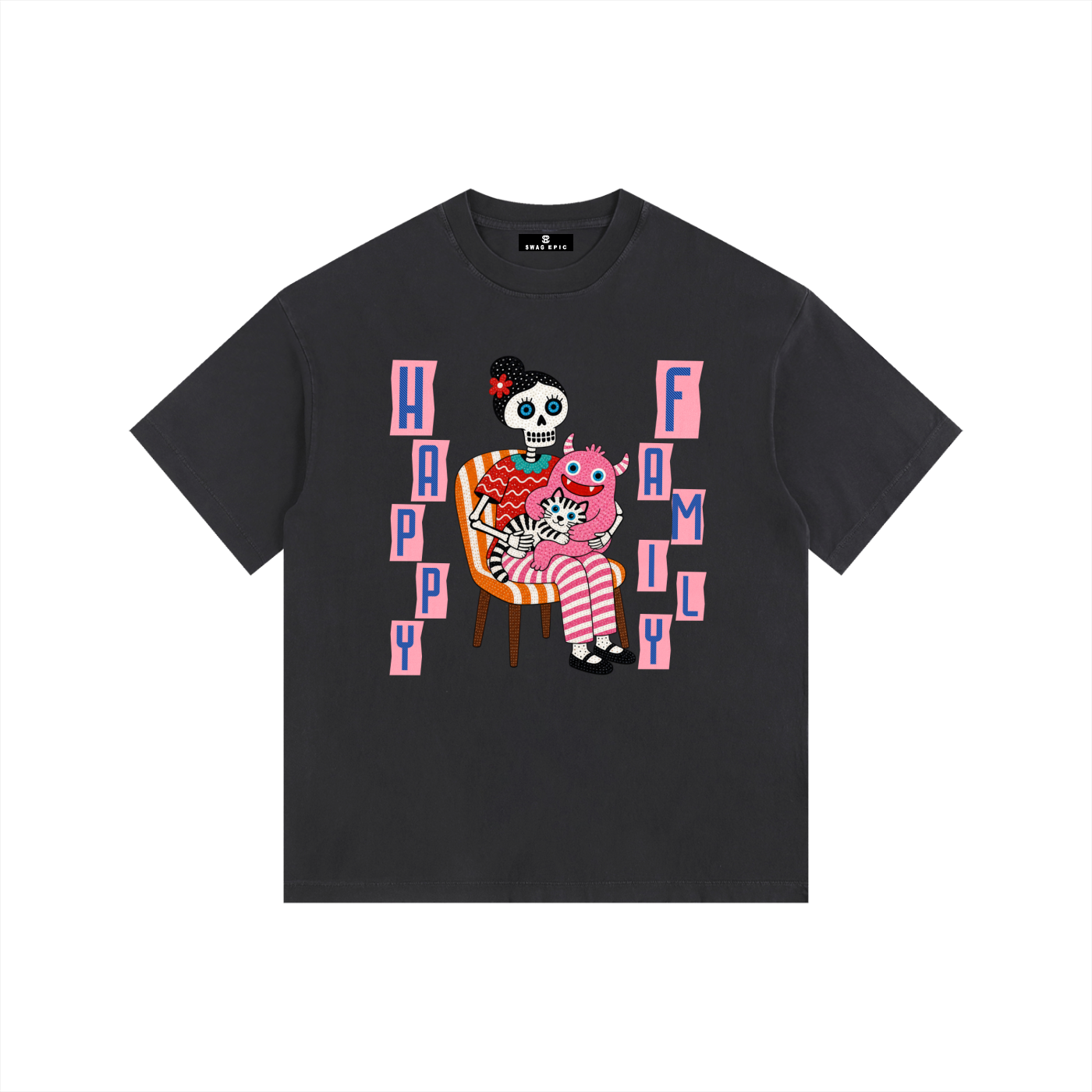 Vintage Washed Oversized Cotton T-Shirt – "Happy Family"