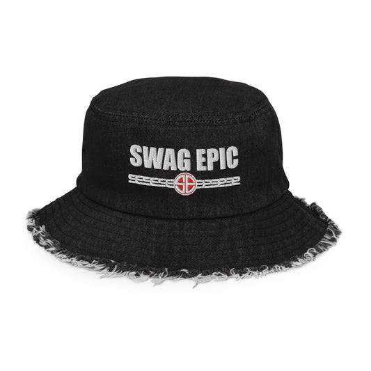DISTRESSESED BLACK DENIM BUCKET HAT