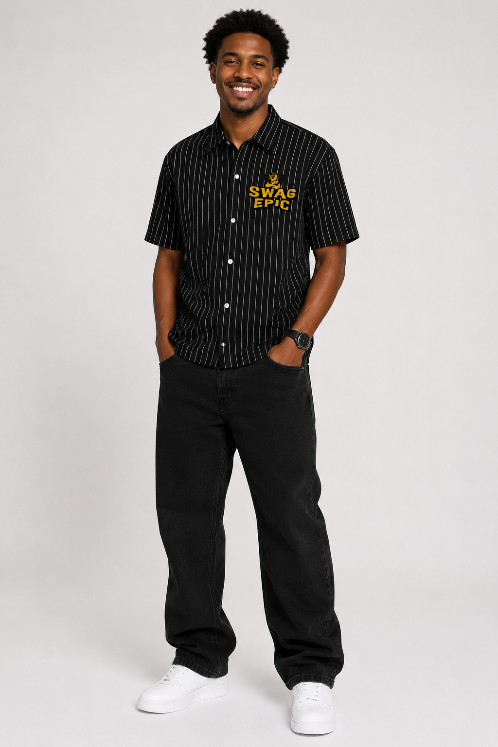 Unisex Striped "Swag Epic" Boxy Button-Up Shirt