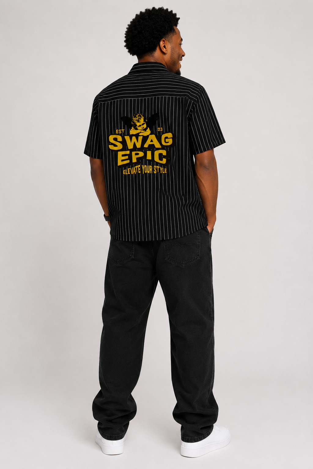 Unisex Striped "Swag Epic" Boxy Button-Up Shirt